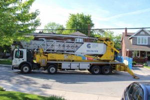 photo of truck preparing to pour cement for footing forms