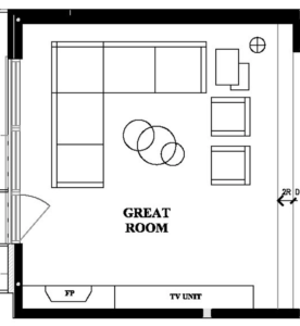 zoom-in of great room of main floor plan