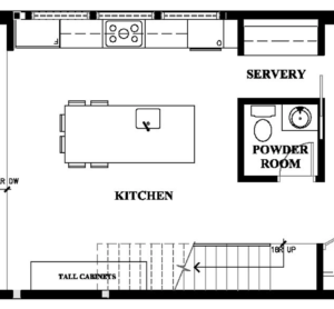 zoom-in of kitchen of main floor plan